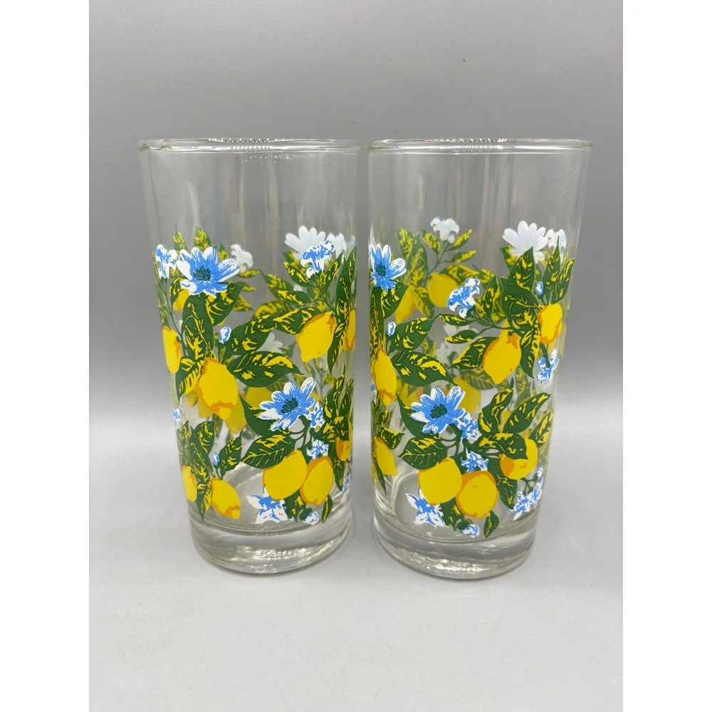 Vtg Royal‎ Norfolk Lemon and Blue Floral Drinking Glasses Set of 2 Tall Tumblers